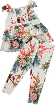 Girls Blouse and Trousers Floral Bird Print Set