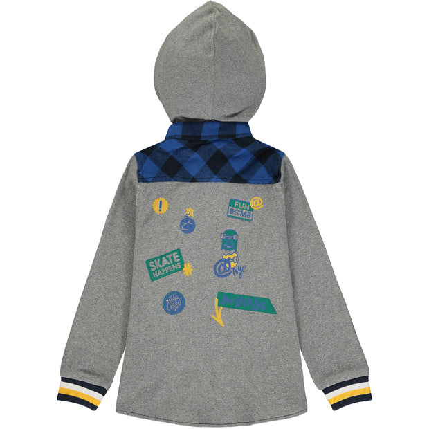 Grey and Blue Check Hooded Shirt