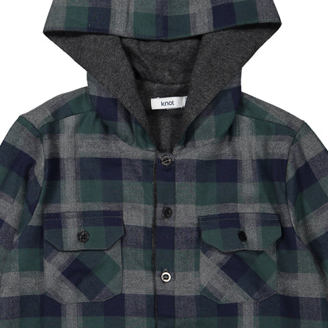 Green and Blue Check Hooded Shirt
