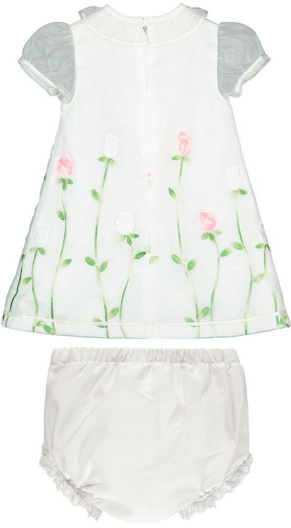 White Embroidered Flowers Chiffon Dress