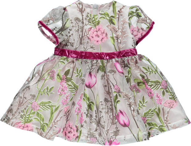 Pink Embroidered Flower Chiffon Dress